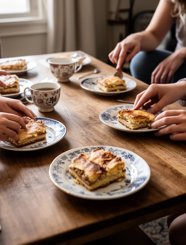 Kaffeetafel mit Blechkuchen auf einem Holztisch