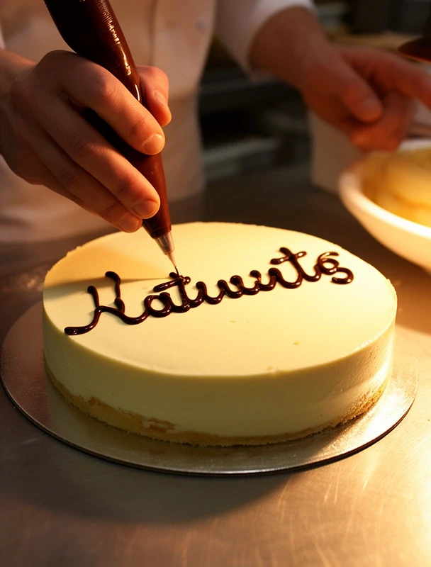Hände schreiben mit Schokolade einen Namen auf eine Torte