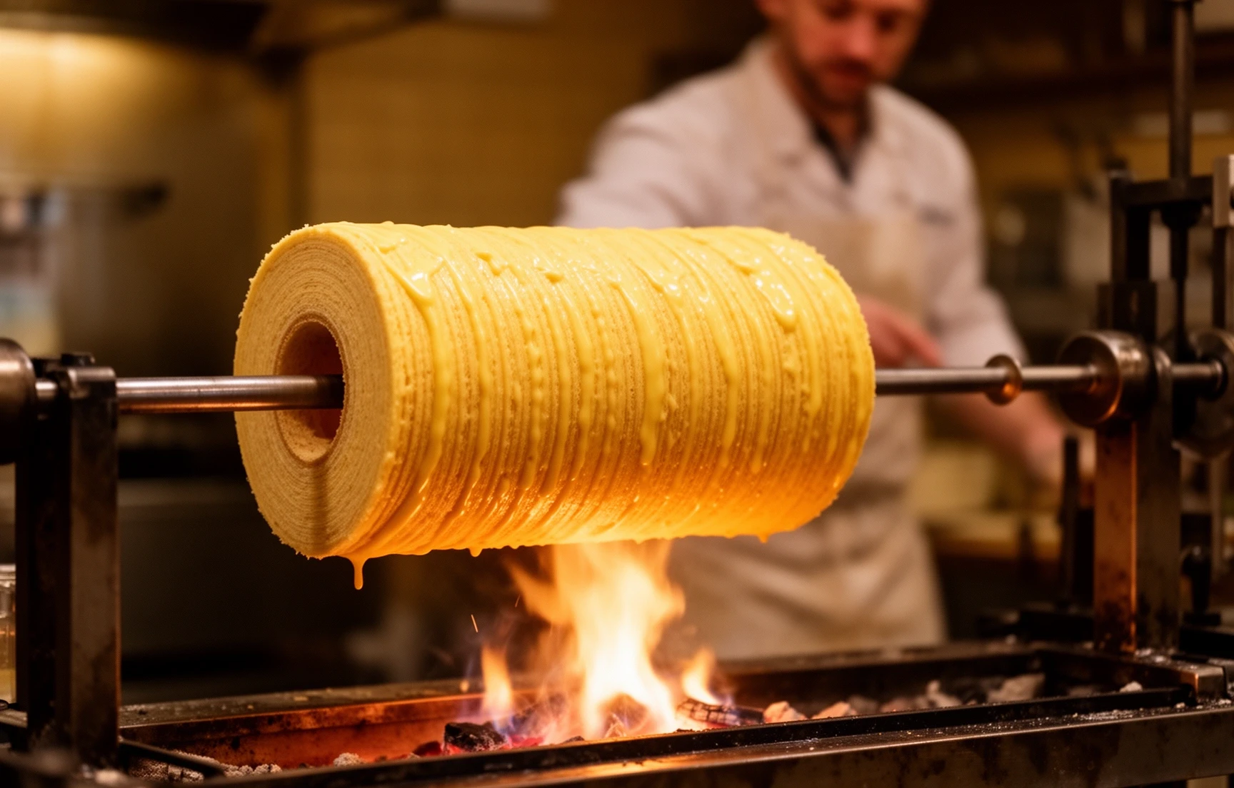 Baumkuchen dreht sich an der Walze vor der Flamme