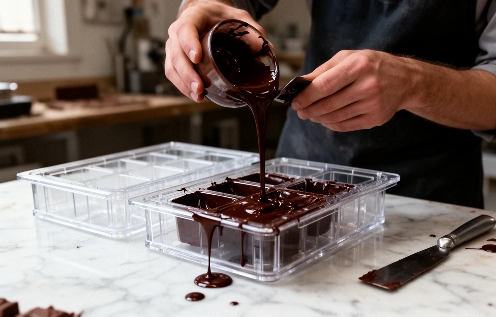 Schokolade wird in Pralinenformen gegossen