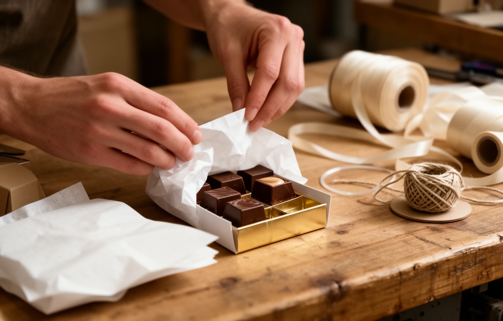 Pralinenschachteln werden mit Seidenpapier verpackt