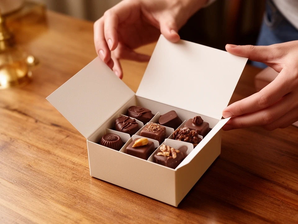 Geöffnete Geschenkbox mit Pralinen und Kärtchen auf einem Tisch