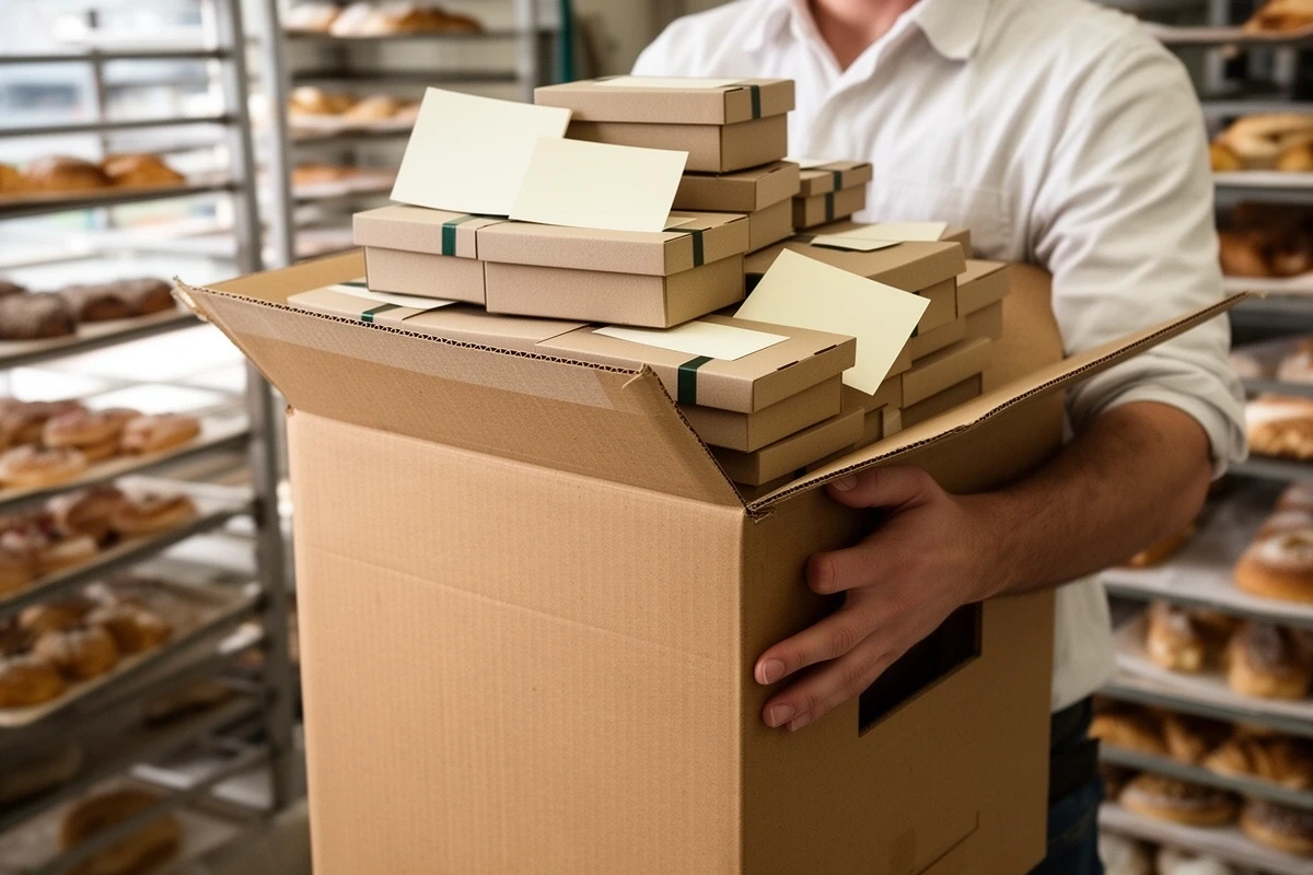 Gestapelte Geschenkboxen mit Kärtchen in einem Umkarton