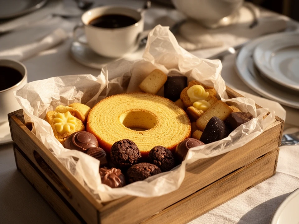 Baumkuchen und Pralinen in einer offenen Kiste neben Kaffeetassen