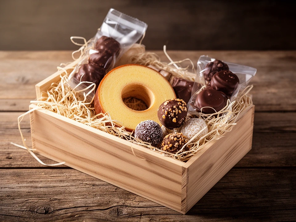 Holzkiste mit Pralinen, Baumkuchen und Trüffeln in Holzwolle