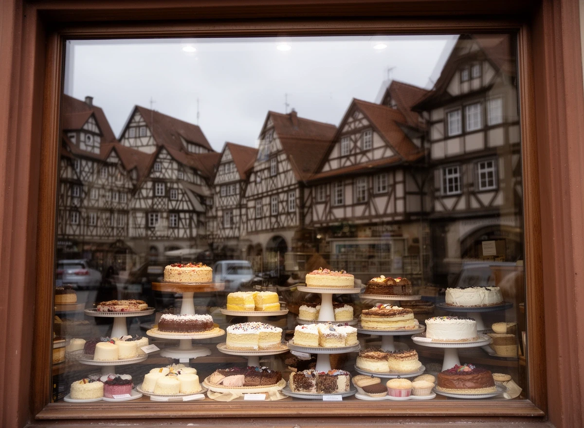 Schaufenster der Bäckerei mit Kuchenauslage