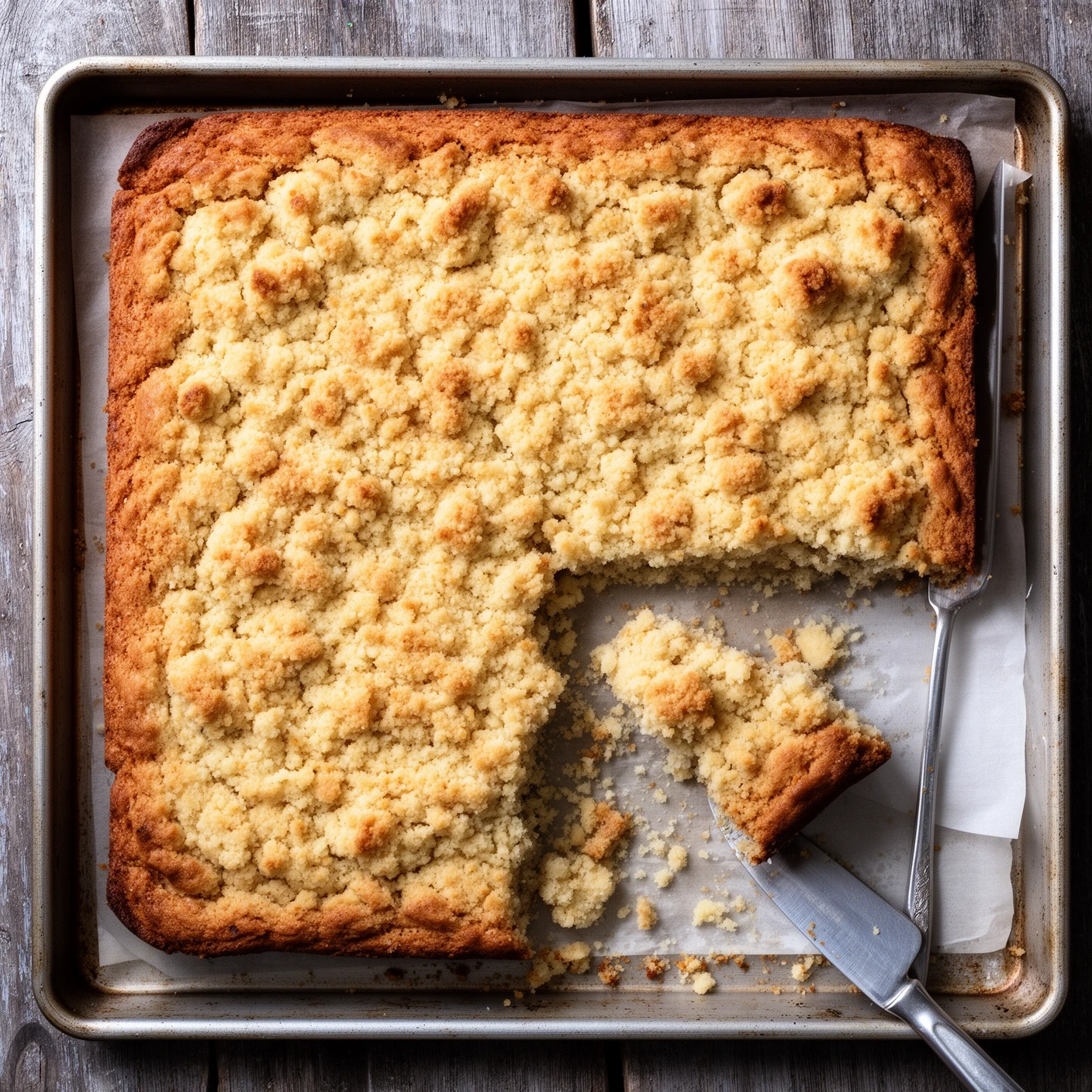 Frisch angeschnittenes Blech Streuselkuchen