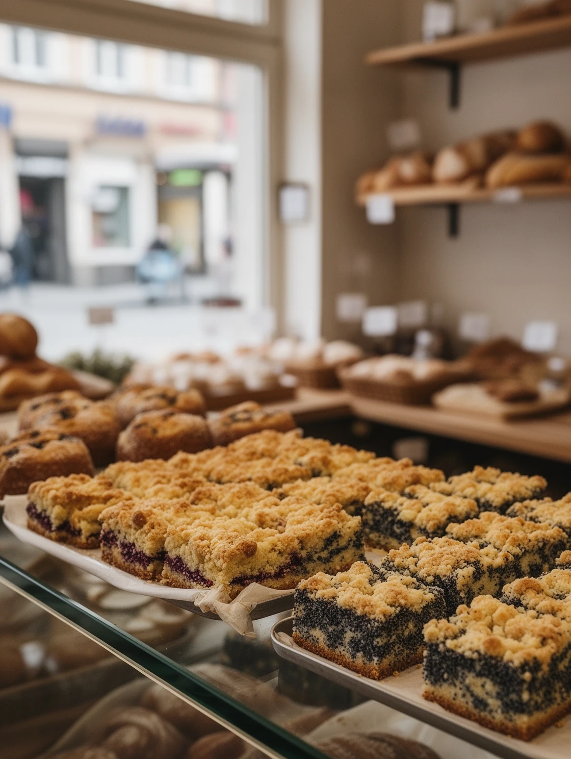 Blick in die Kuchentheke mit Streusel- und Mohnkuchen