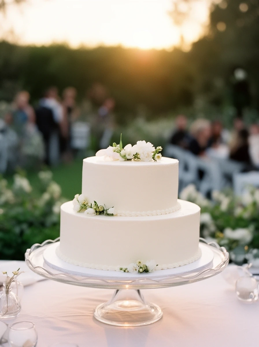 Zweistöckige helle Torte mit Blüten auf einem Tortenständer