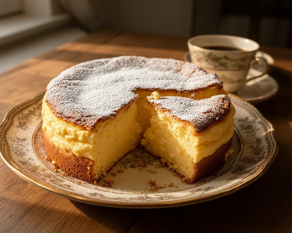 Käsesahnetorte mit Puderzucker neben einer Kaffeetasse