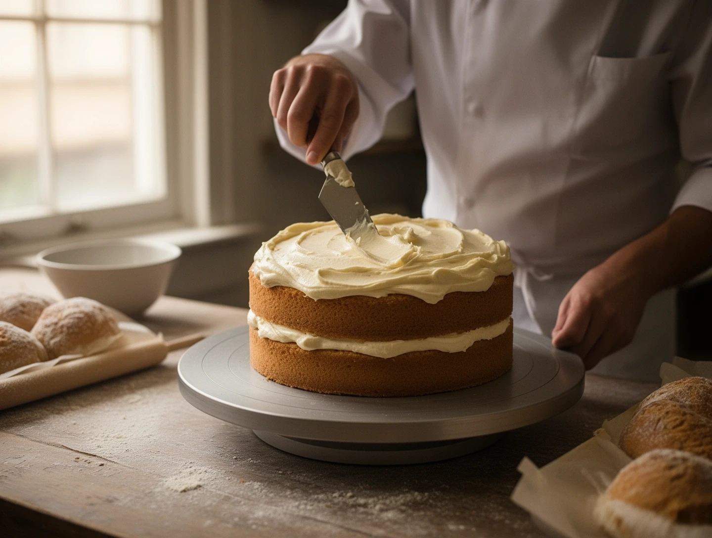 Torte wird in der Backstube mit einer Palette glattgestrichen